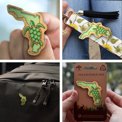 Green Turtle and Florida State Outline - Wooden Pin & Magnet