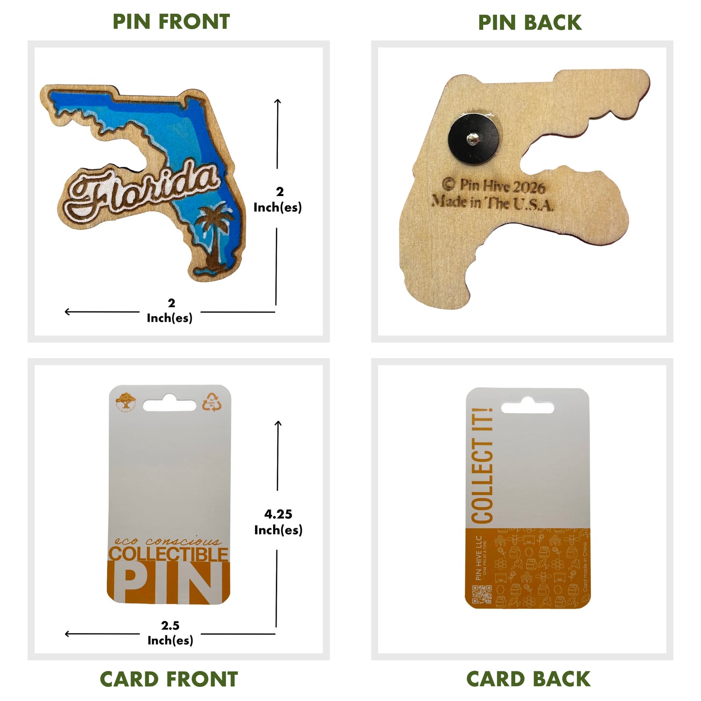Blue Florida State Outline and Palm Tree - Wooden Pin & Magnet