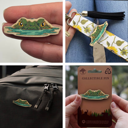 Alligator - Eyes Above The Waterline - Wooden Pin & Magnet