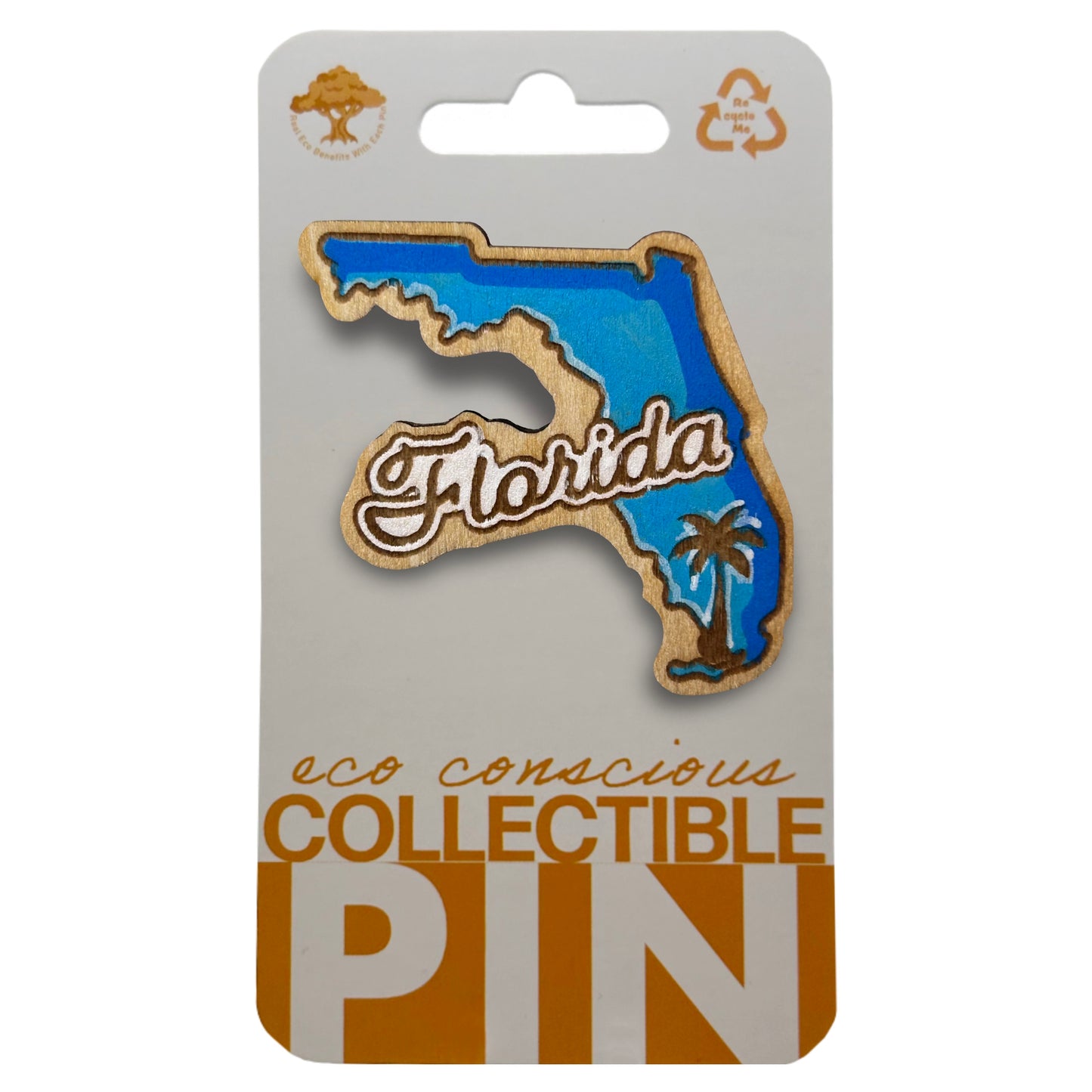 Blue Florida State Outline and Palm Tree - Wooden Pin & Magnet
