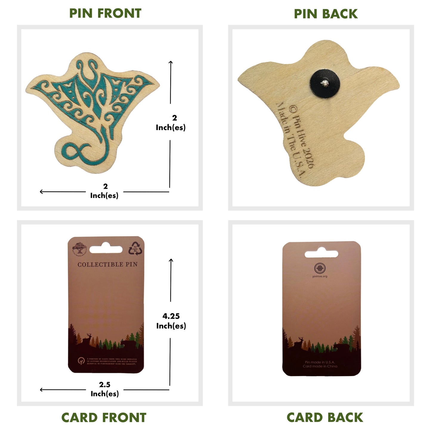 Teal Manta Ray - Wooden Pin & Magnet