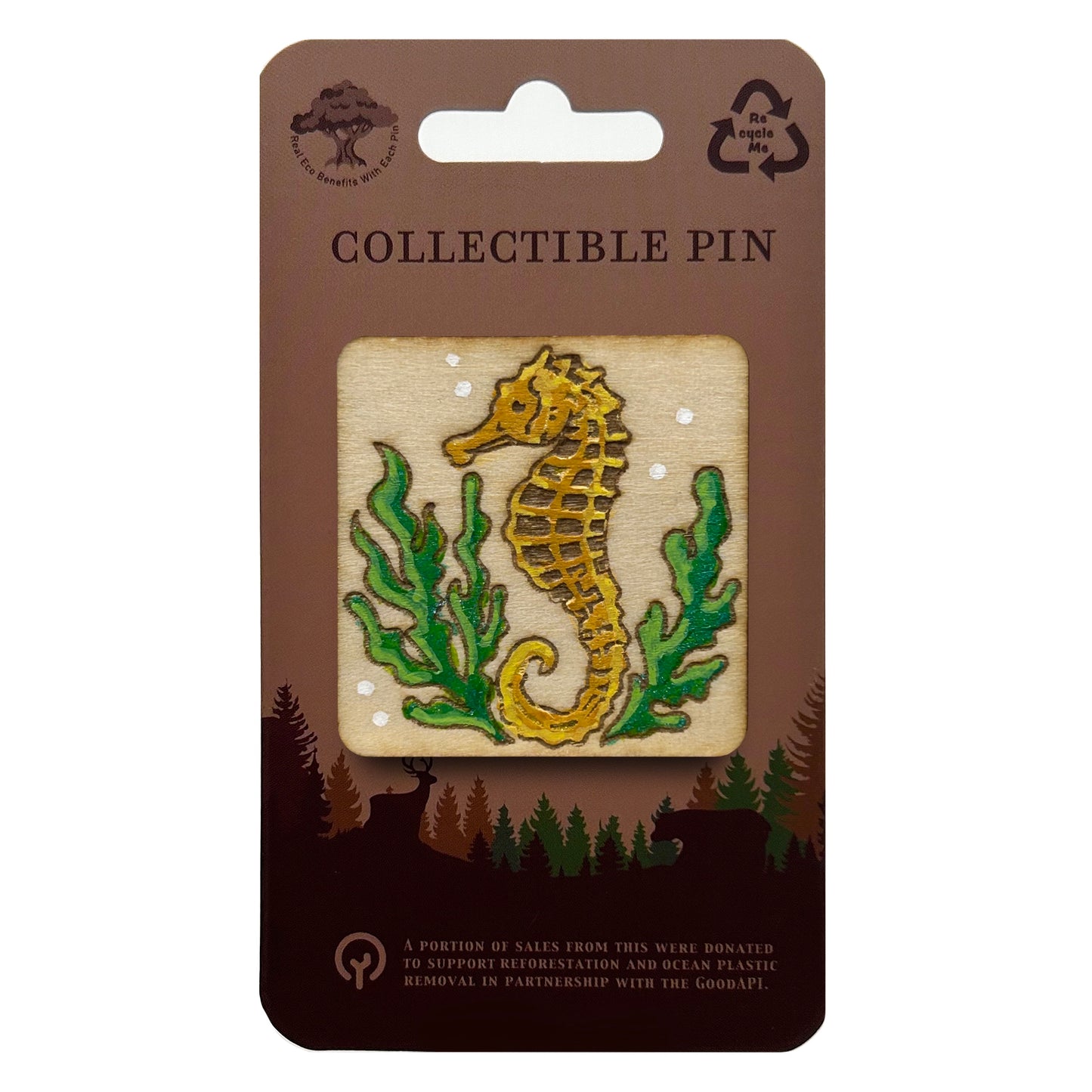 Golden Seahorse - Wooden Lapel Pin & Magnet
