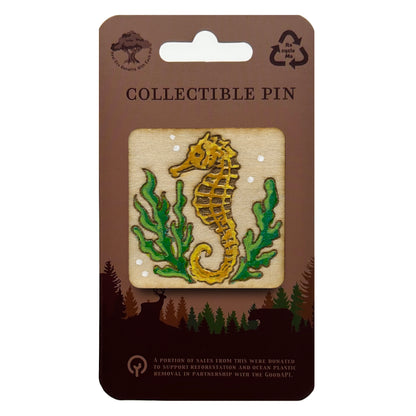 Golden Seahorse - Wooden Lapel Pin & Magnet