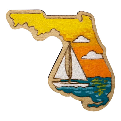 Florida Sailboat at Sunset - Wooden Lapel Pin & Magnet