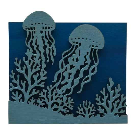 Jellyfish at Coral Reef - Wooden Pin & Magnet