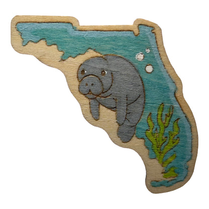 Manatee and Florida State Outline - Wooden Pin & Magnet