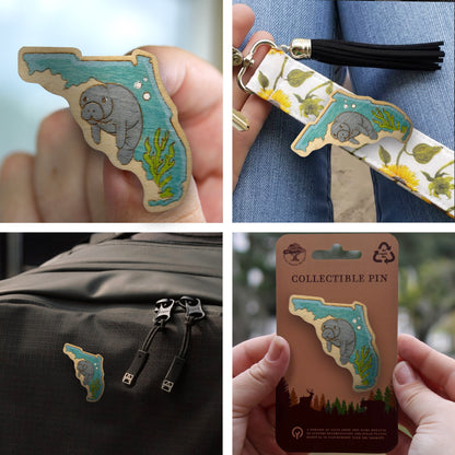 Manatee and Florida State Outline - Wooden Pin & Magnet