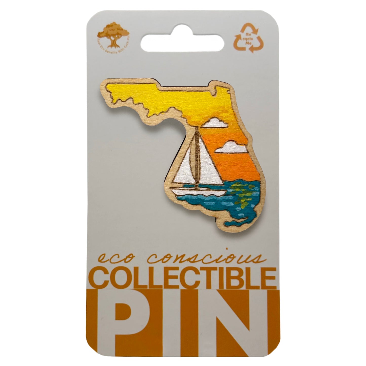 Florida Sailboat at Sunset - Wooden Lapel Pin & Magnet