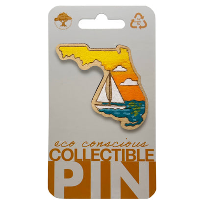 Florida Sailboat at Sunset - Wooden Lapel Pin & Magnet
