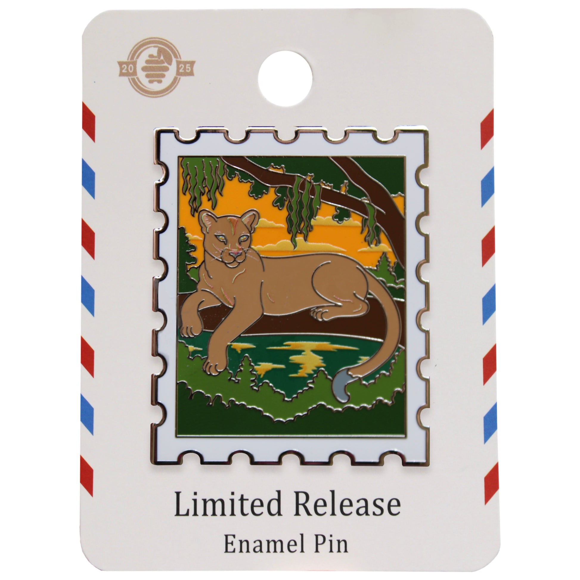 Florida panther mountain lion enamel postage stamp pin on air mail themed backing card