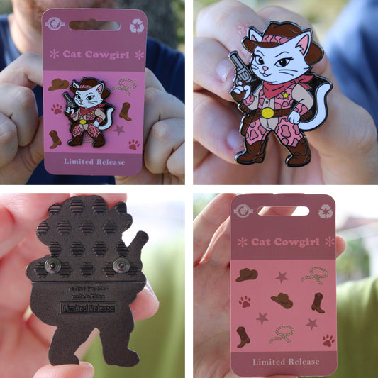 Cat Cowgirl Pin With Magnet - Wearing Pink Cow Print Chaps