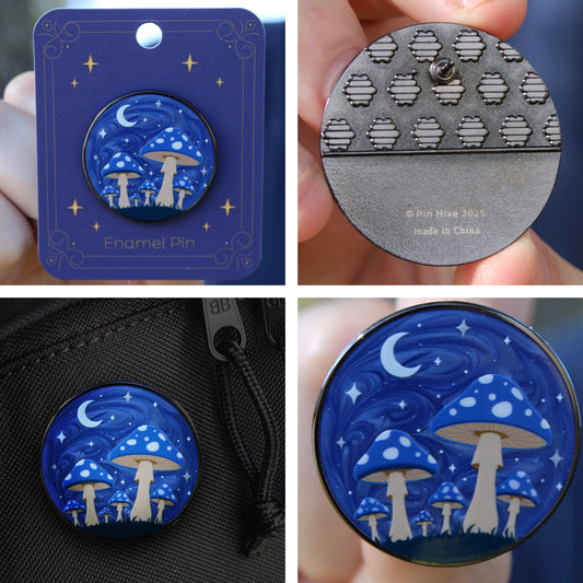 Blue Moonlit Mushroom Forest Pin With Magnet