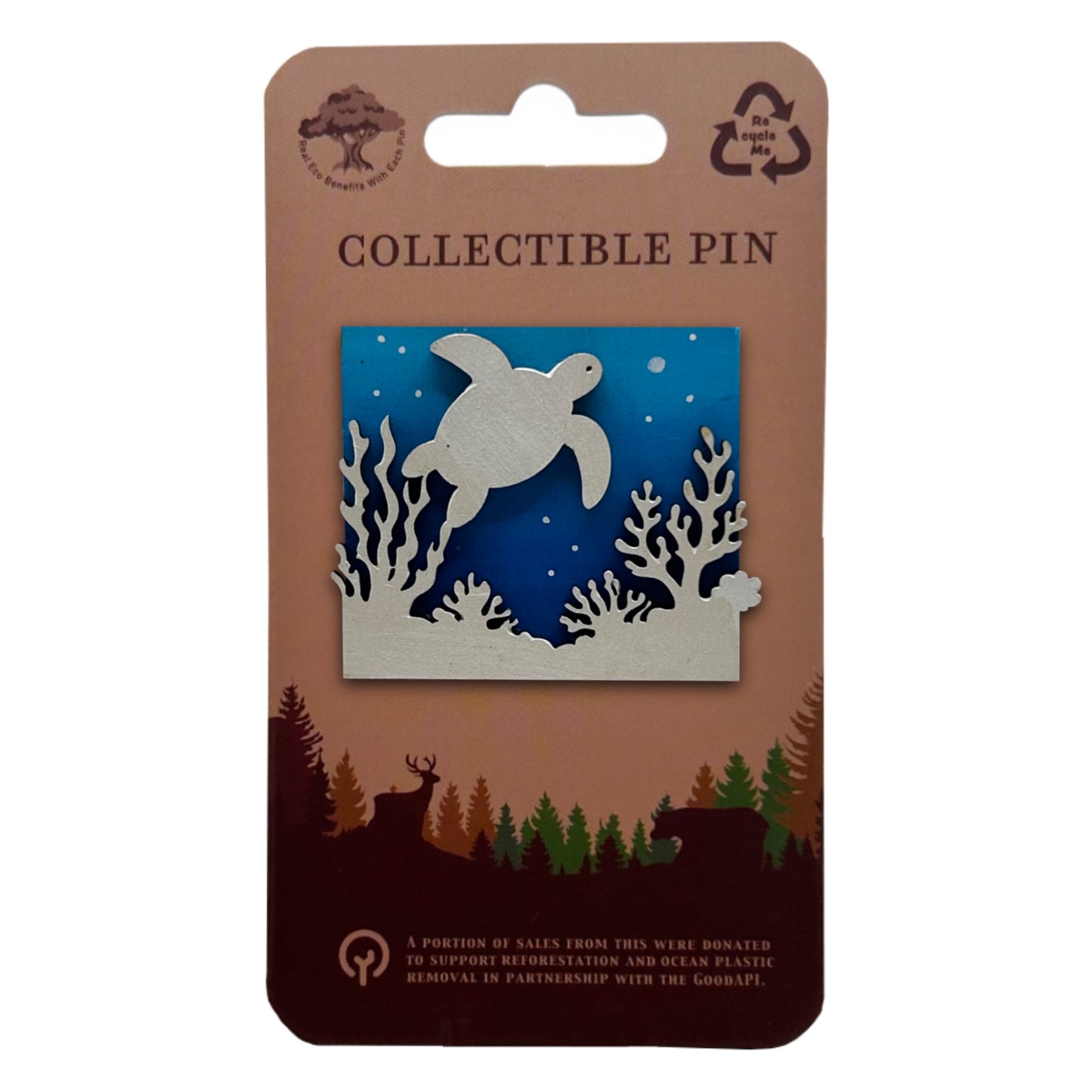 Collectible pin packaging with a turtle design on a blue background