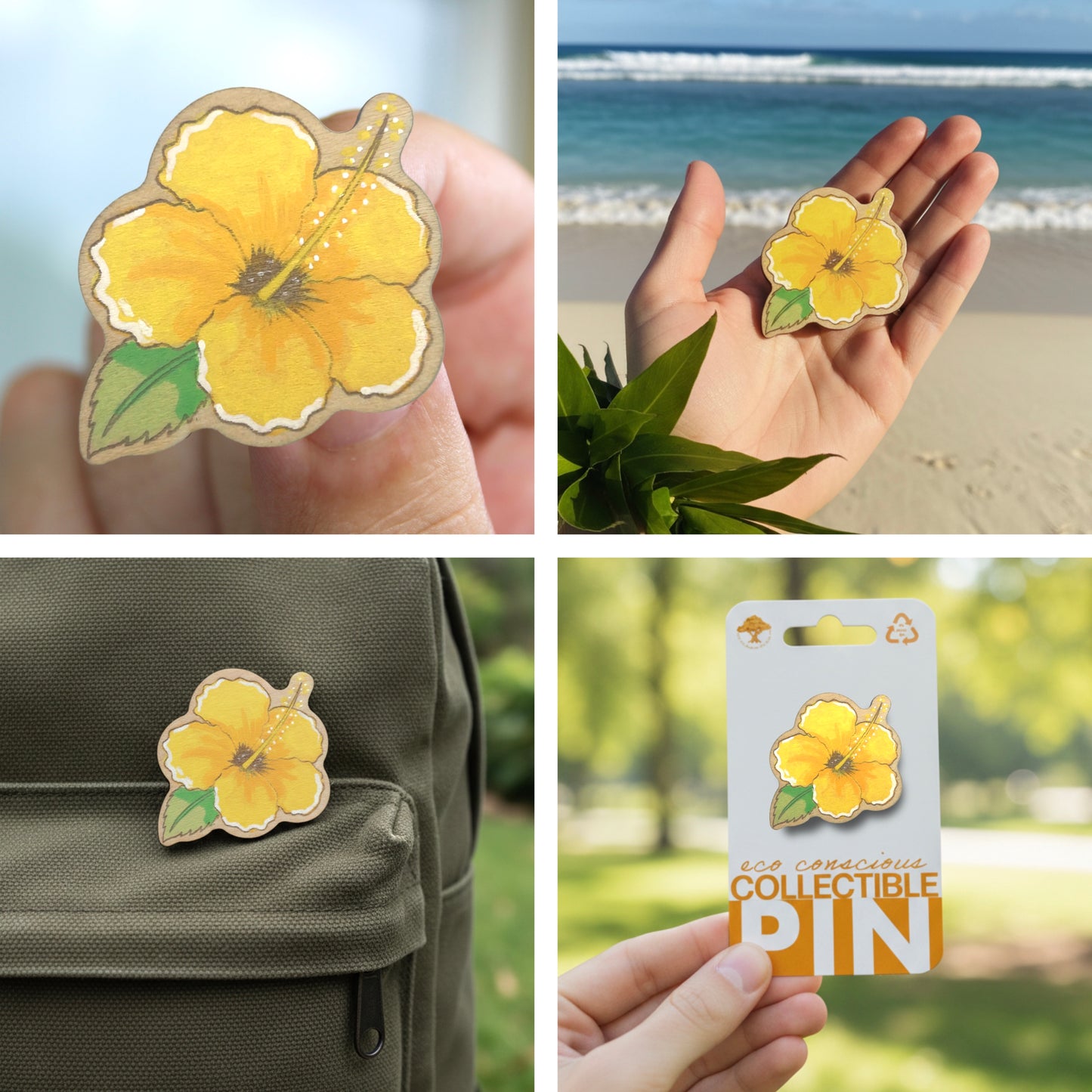 Hibiscus Flower - Wooden Lapel Pin & Magnet