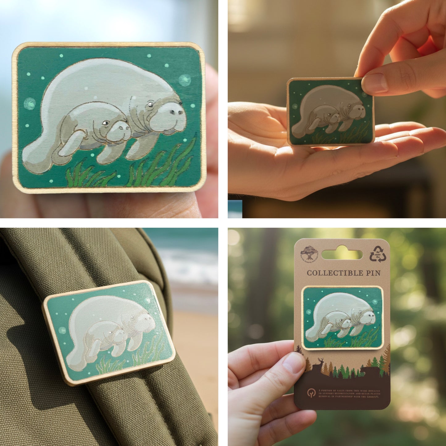 Manatee Mother and Calf - Wooden Lapel Pin & Magnet