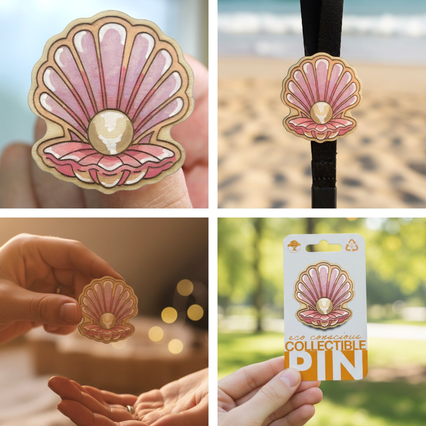 Oyster Shell with Pearl - Wooden Lapel Pin & Magnet
