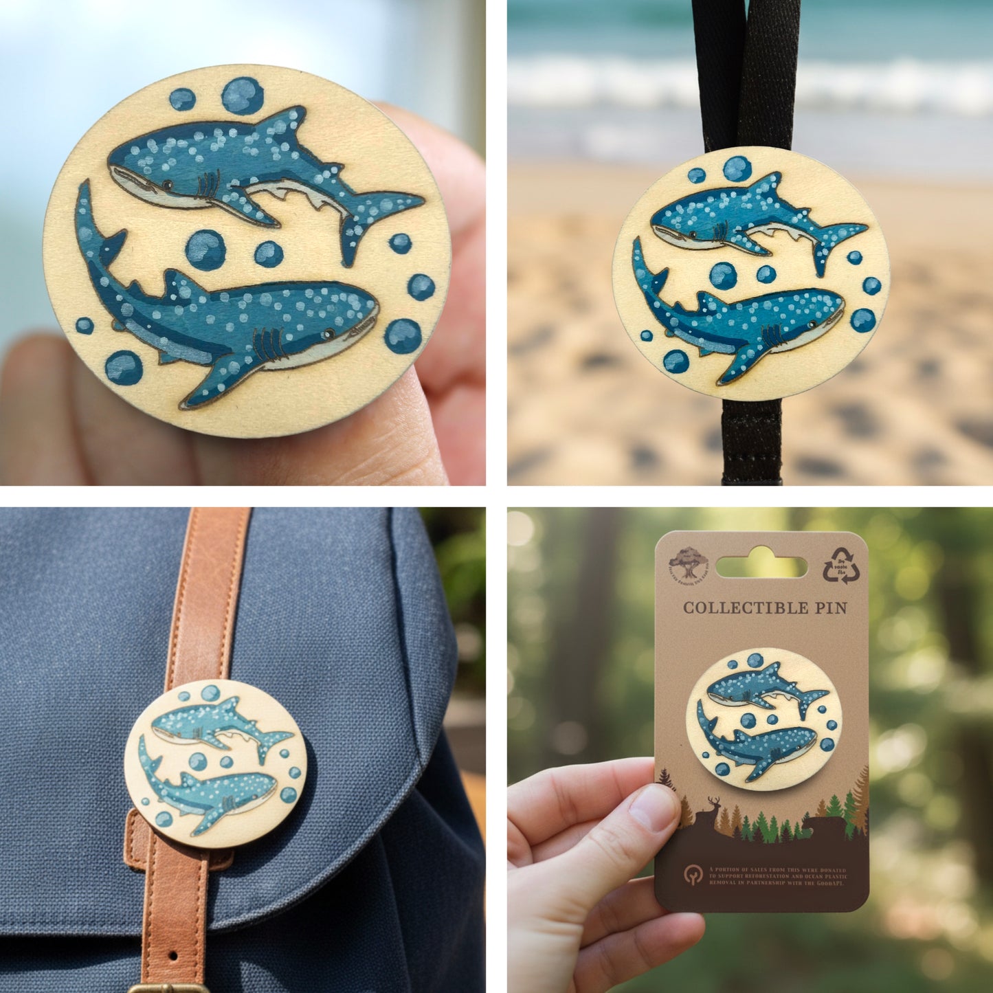 Whale Shark Duo - Wooden Lapel Pin & Magnet