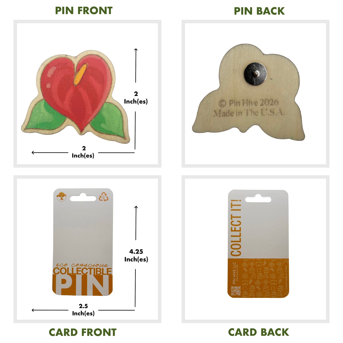 Anthurium - Laceleaf Flower - Wooden Lapel Pin & Magnet