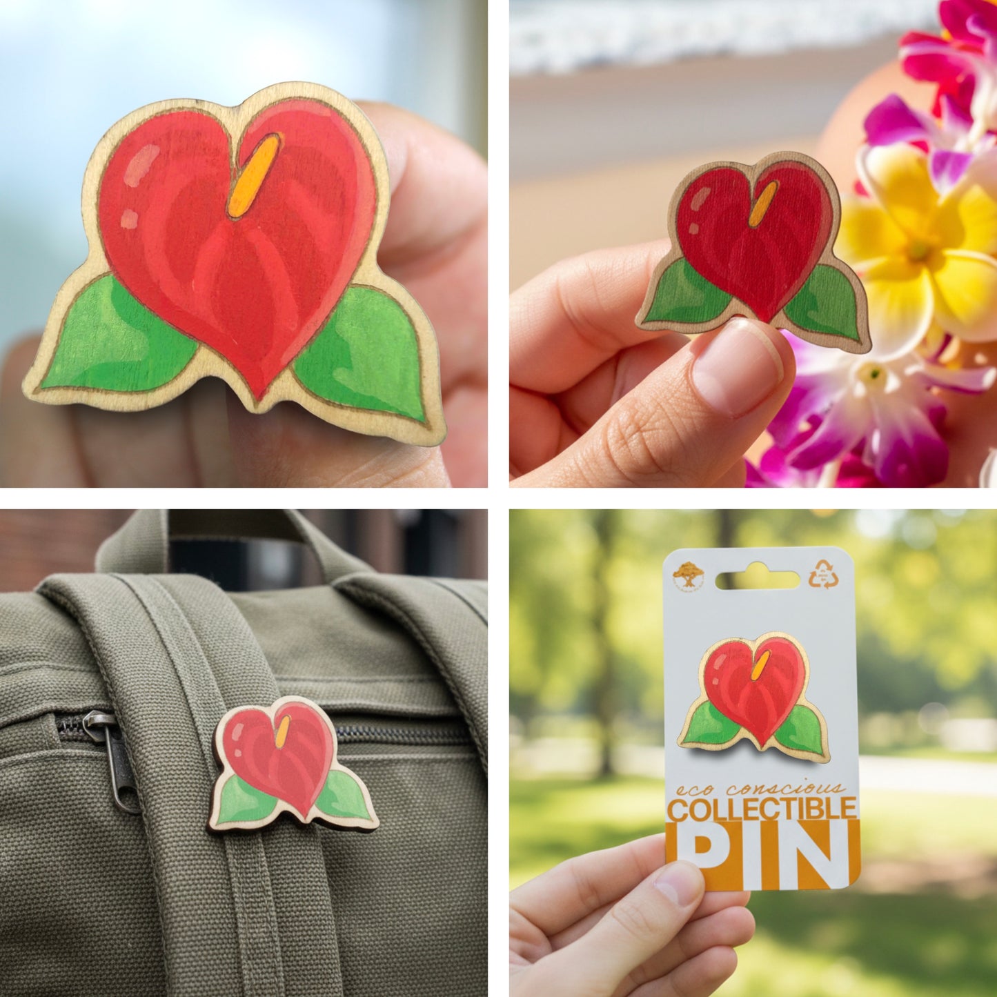 Anthurium - Laceleaf Flower - Wooden Lapel Pin & Magnet