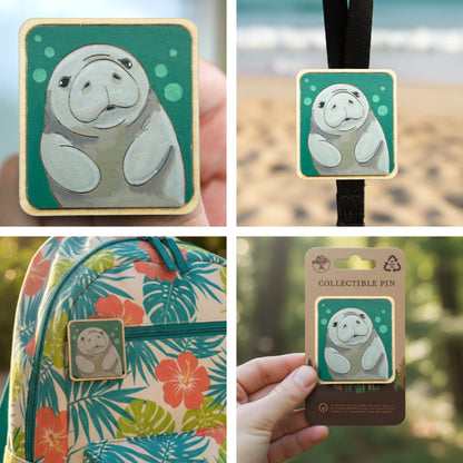 Manatee Portrait - Wooden Lapel Pin & Magnet