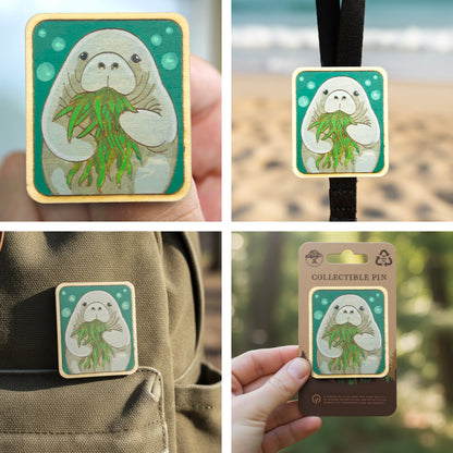 Manatee Eating Sea Grass - Wooden Lapel Pin & Magnet