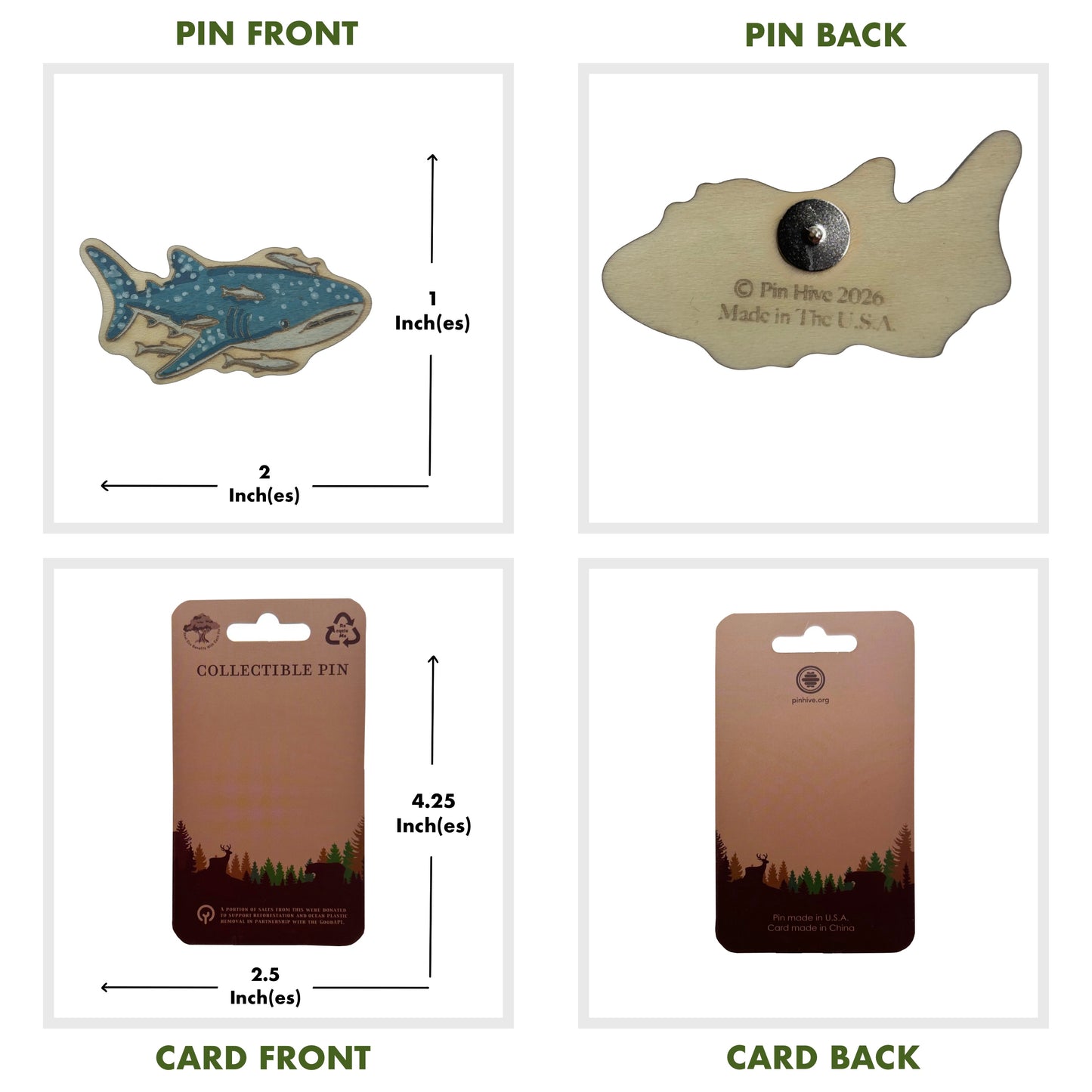 Whale Shark with Remoras - Wooden Lapel Pin & Magnet