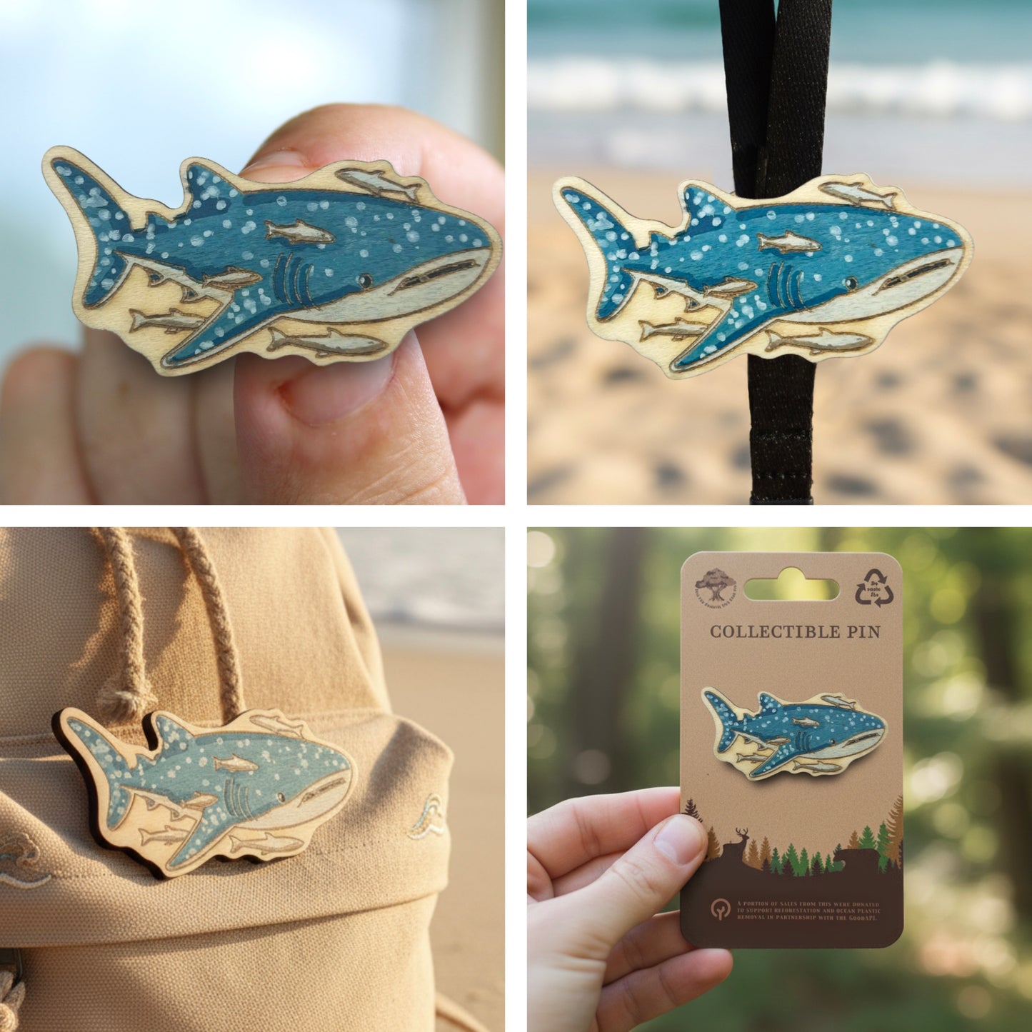Whale Shark with Remoras - Wooden Lapel Pin & Magnet