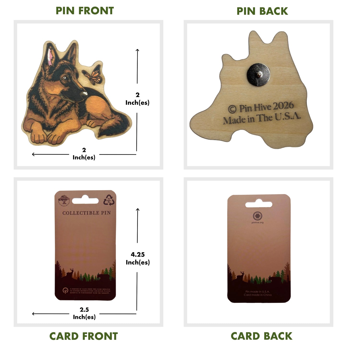 German Shepard and Butterfly - Wooden Lapel Pin & Magnet