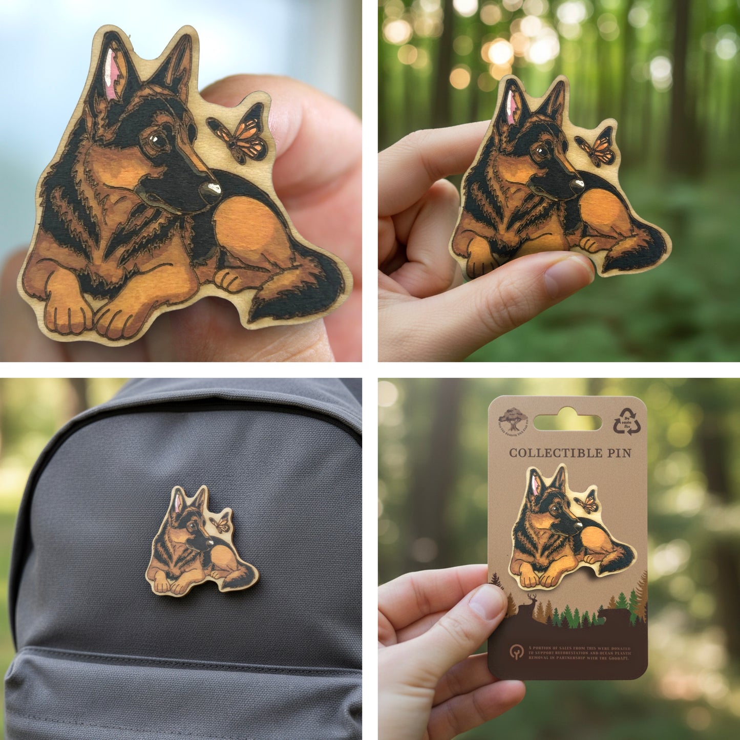 German Shepard and Butterfly - Wooden Lapel Pin & Magnet