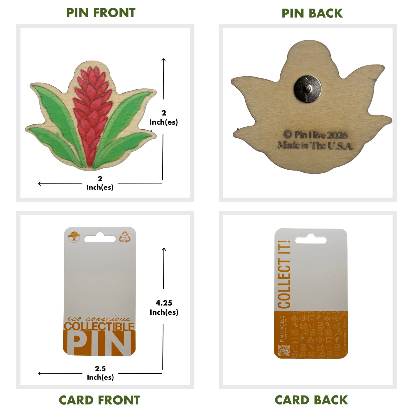 Red Ginger Flower - Wooden Lapel Pin & Magnet