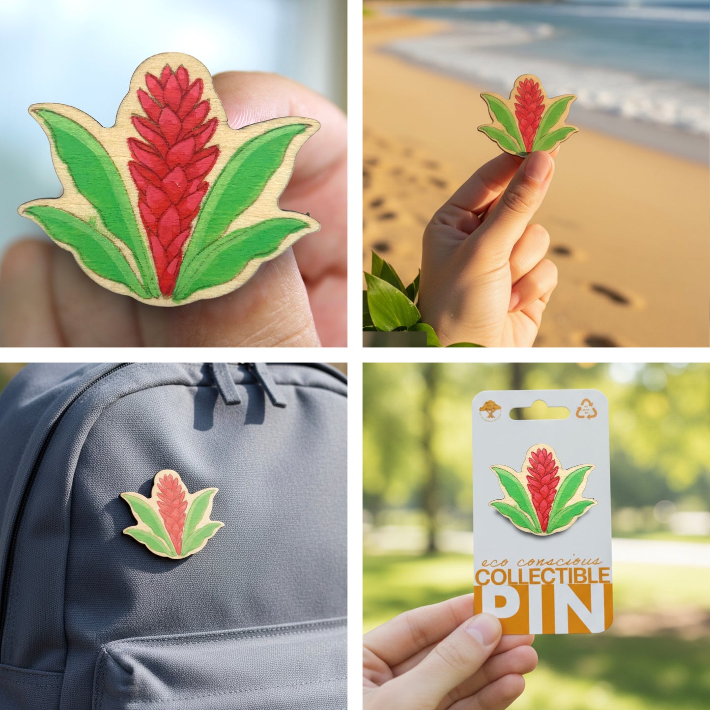 Red Ginger Flower - Wooden Lapel Pin & Magnet
