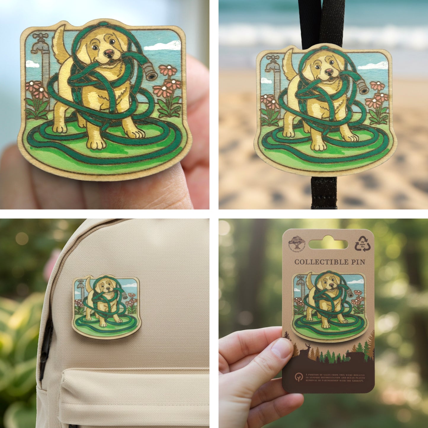 Labrador Puppy Tangled in Garden Hose - Wooden Lapel Pin & Magnet