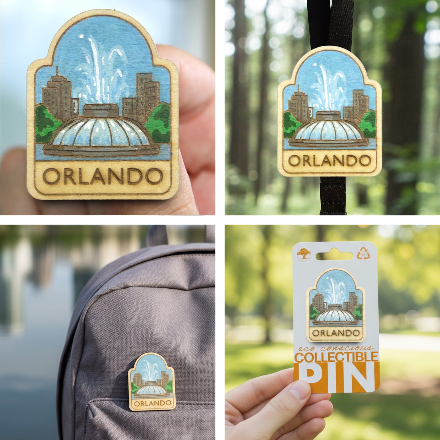 Orlando - Lake Eola Fountain - Wooden Lapel Pin & Magnet