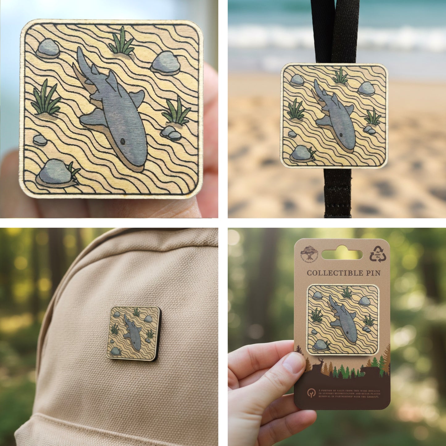 Nurse Shark on Sandy Seafloor - Wooden Lapel Pin & Magnet