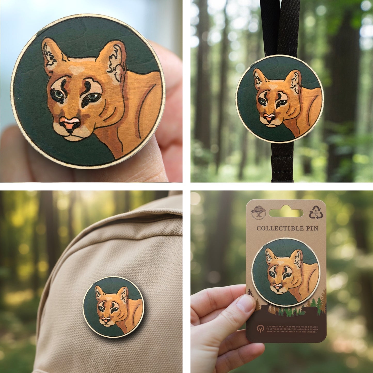 Florida Panther Portrait - Wooden Lapel Pin & Magnet