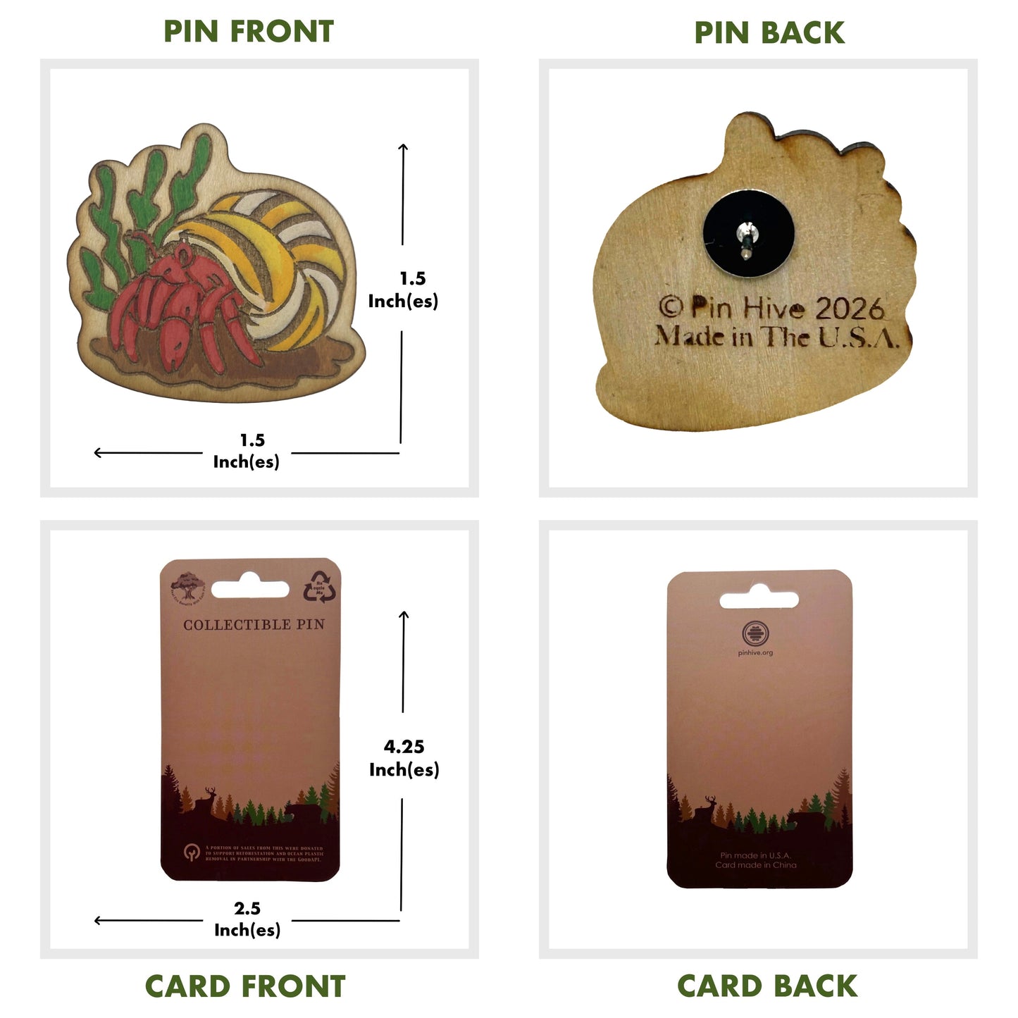 Hermit Crab - Wooden Lapel Pin & Magnet
