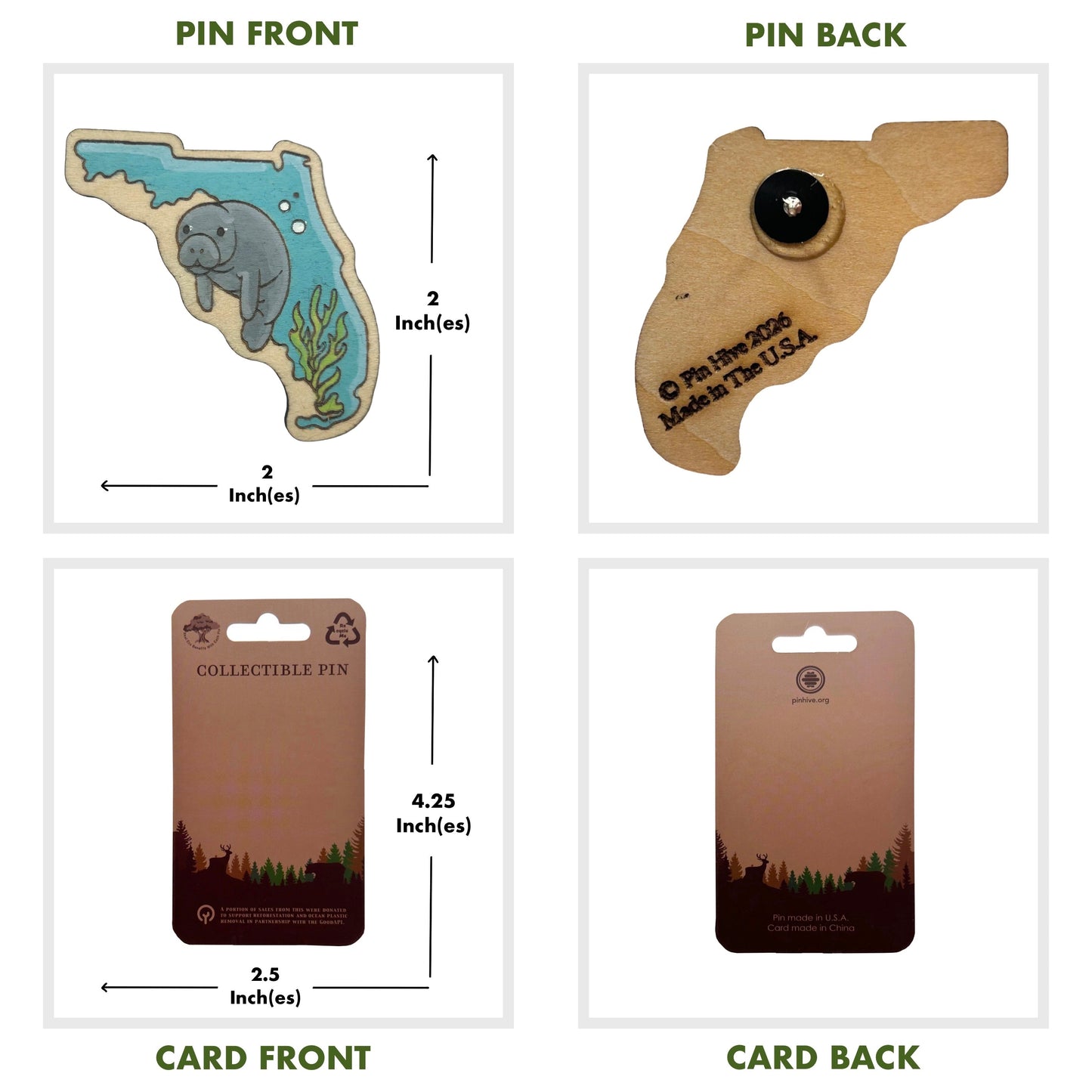 Manatee and Florida State Outline - Wooden Lapel Pin & Magnet