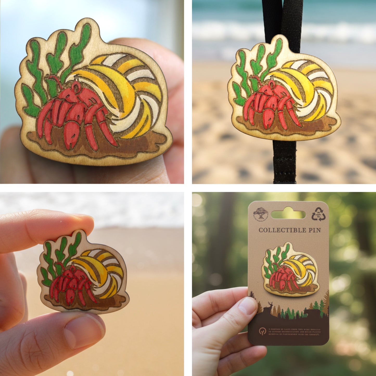 Hermit Crab - Wooden Lapel Pin & Magnet