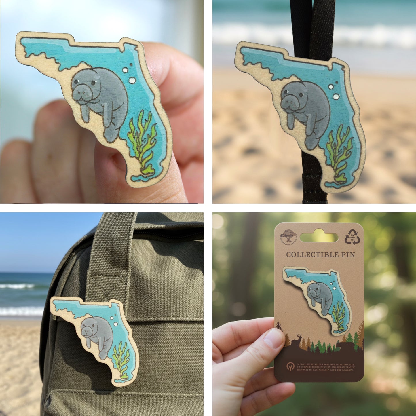 Manatee and Florida State Outline - Wooden Lapel Pin & Magnet