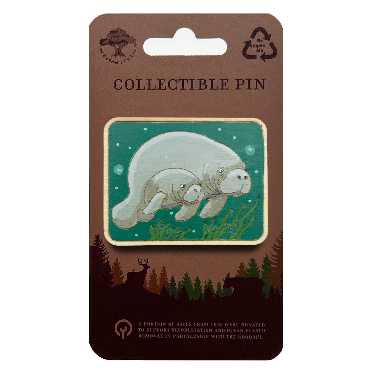 Manatee Mother and Calf - Wooden Lapel Pin & Magnet