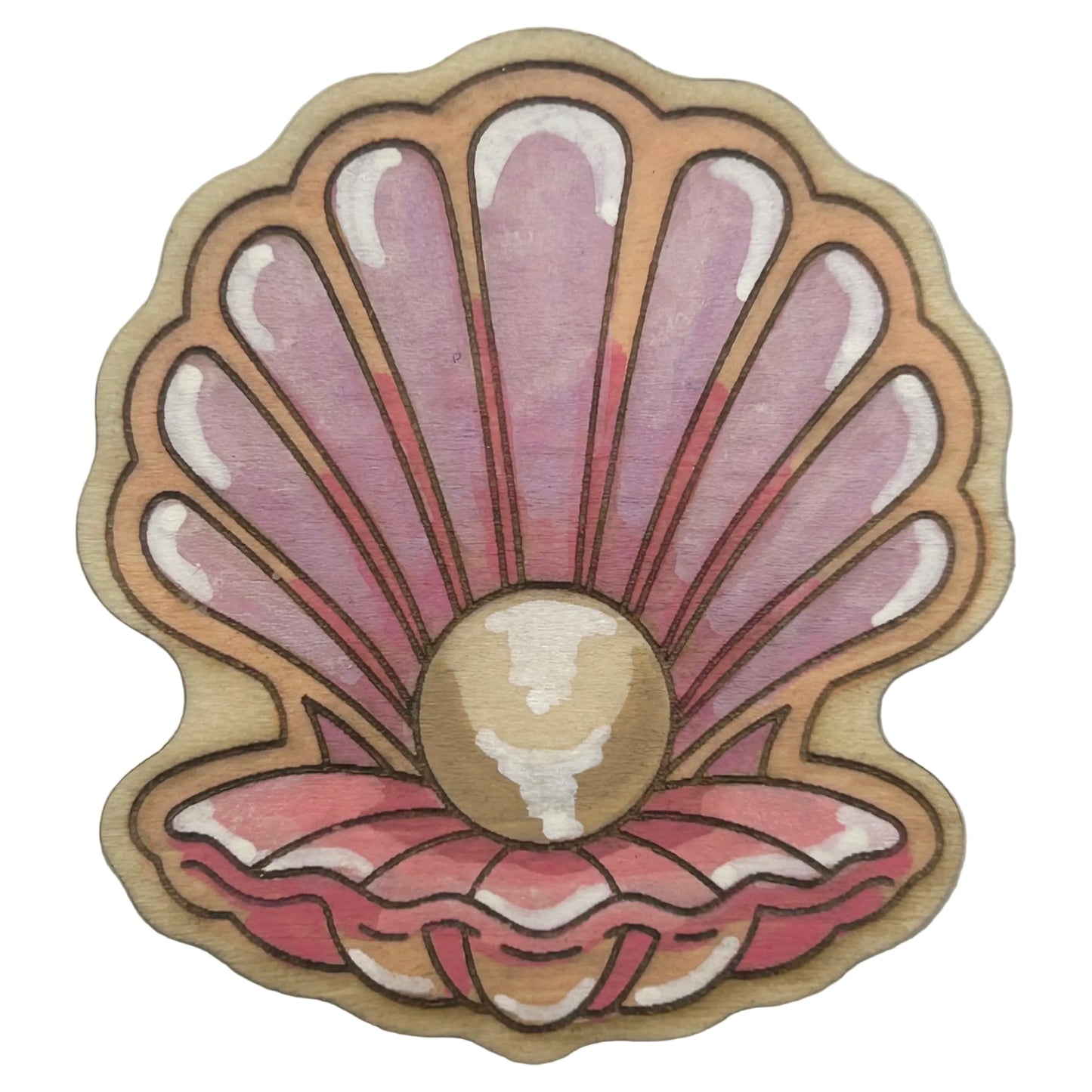Oyster Shell with Pearl - Wooden Lapel Pin & Magnet