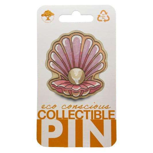 Oyster Shell with Pearl - Wooden Lapel Pin & Magnet