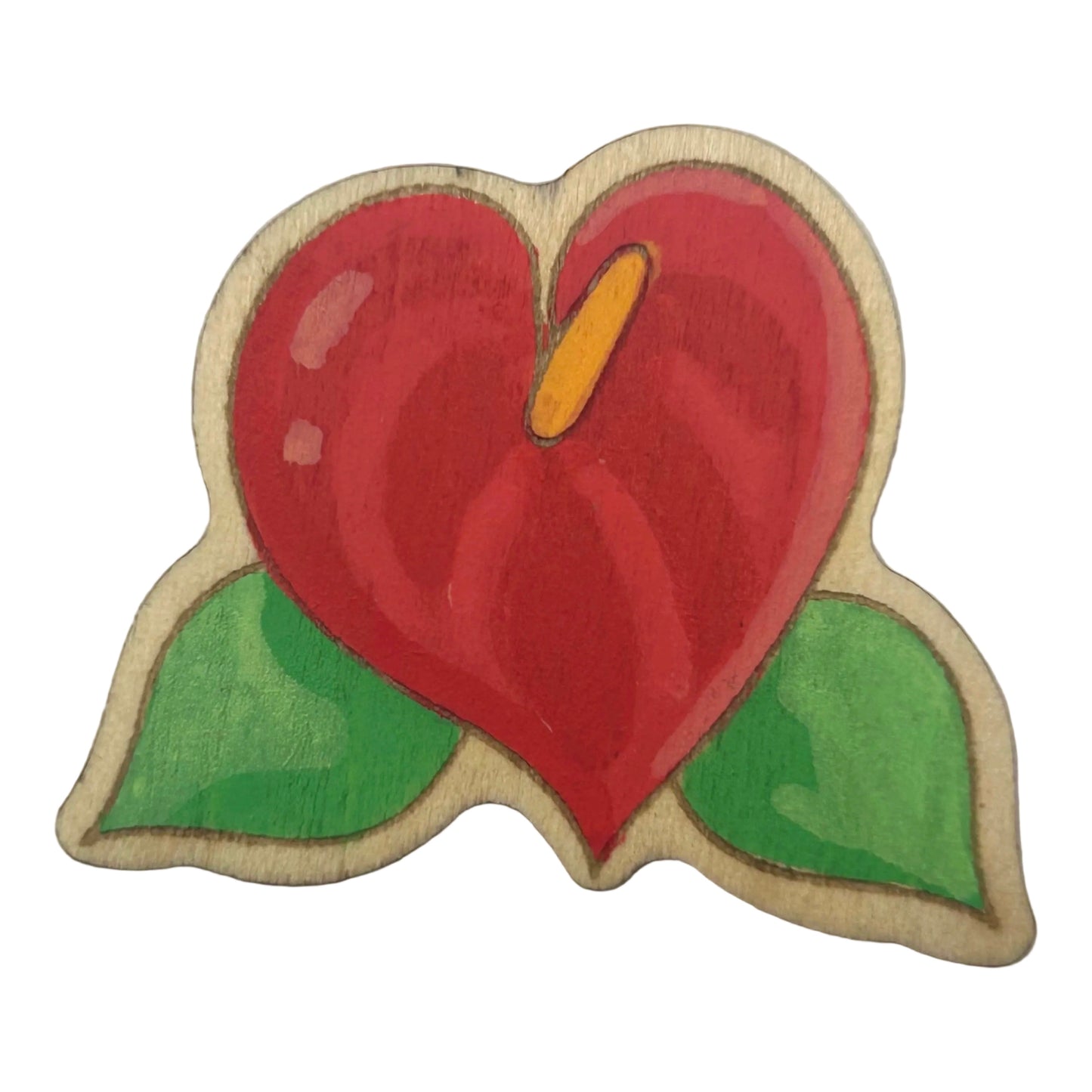 Anthurium - Laceleaf Flower - Wooden Lapel Pin & Magnet