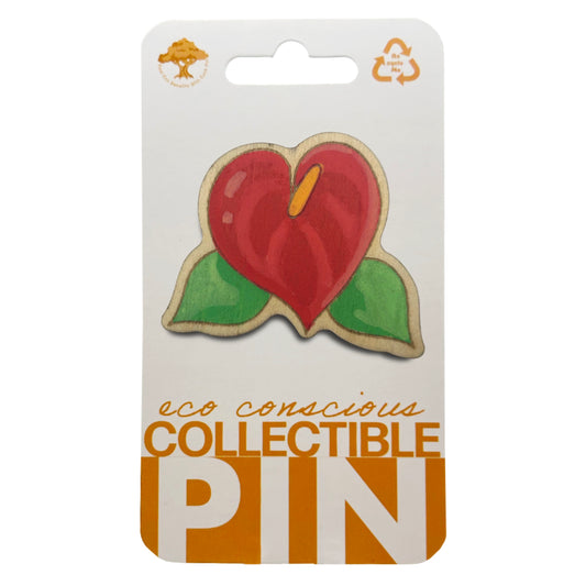 Anthurium - Laceleaf Flower - Wooden Lapel Pin & Magnet