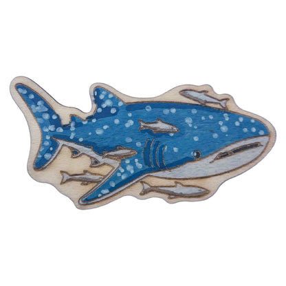 Whale Shark with Remoras - Wooden Lapel Pin & Magnet