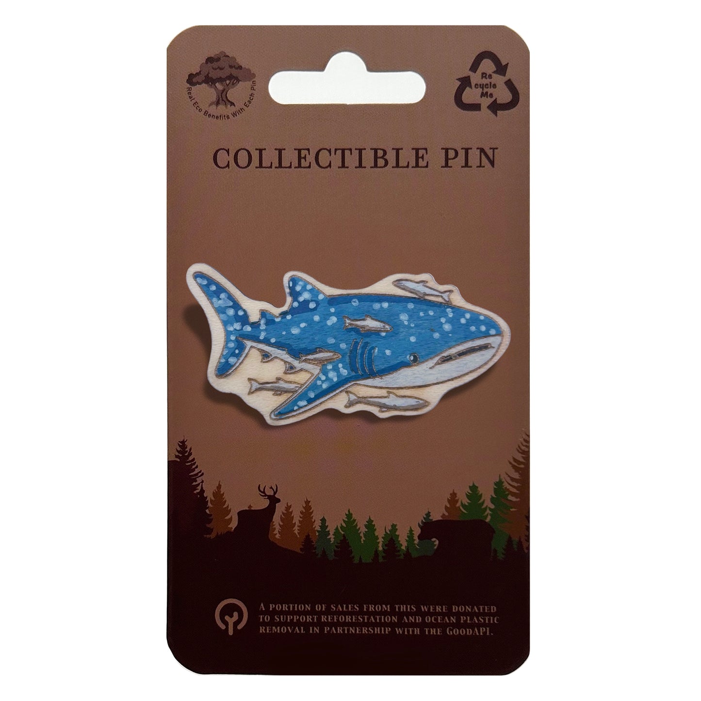 Whale Shark with Remoras - Wooden Lapel Pin & Magnet