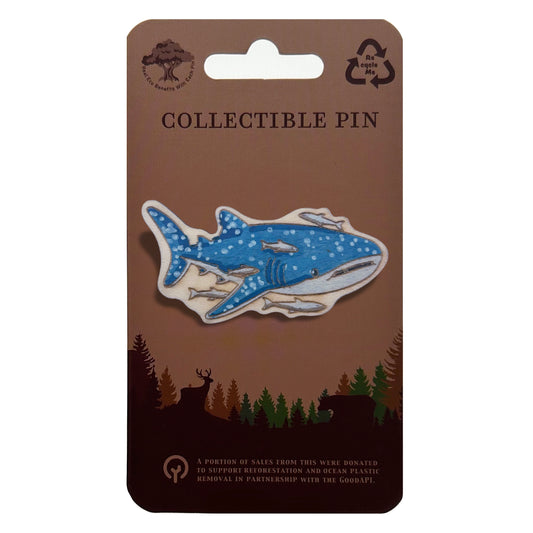 Whale Shark with Remoras - Wooden Lapel Pin & Magnet