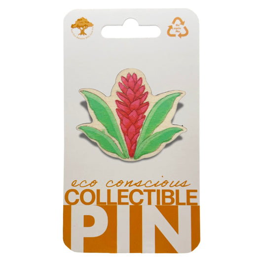 Red Ginger Flower - Wooden Lapel Pin & Magnet