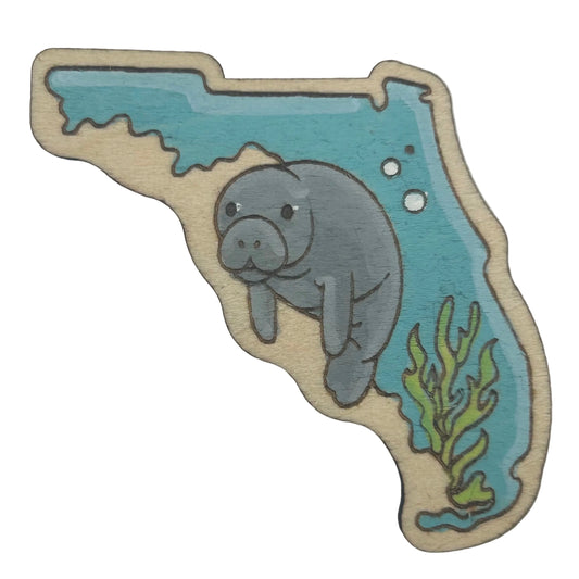 Manatee and Florida State Outline - Wooden Lapel Pin & Magnet