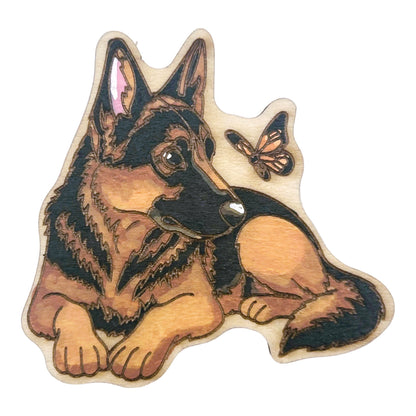 German Shepard and Butterfly - Wooden Lapel Pin & Magnet